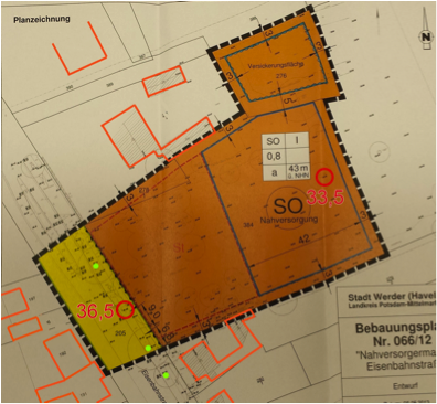 Ausschnitt aus dem Rechtsplan mit Darstellung der vorhandenen Wohnbebauung (orange) ist zu sehen