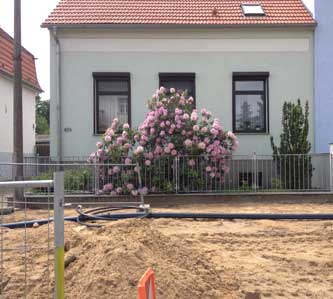 Foto von einem Wohnhaus mit Rhododendron davor - heute. title=